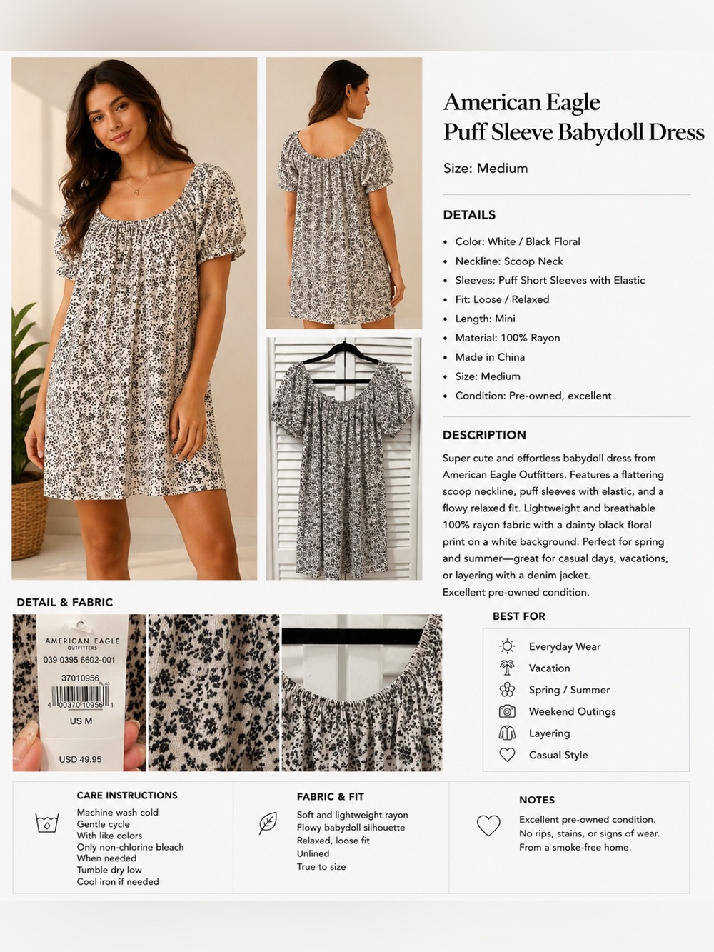 American Eagle Floral Puff Sleeve Babydoll Mini Dress White Black Medium NWT